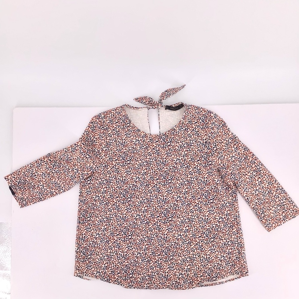 Zara Basic Open Tie Back Bobo Pattern 3/4 Sleeve Blouse Size Small